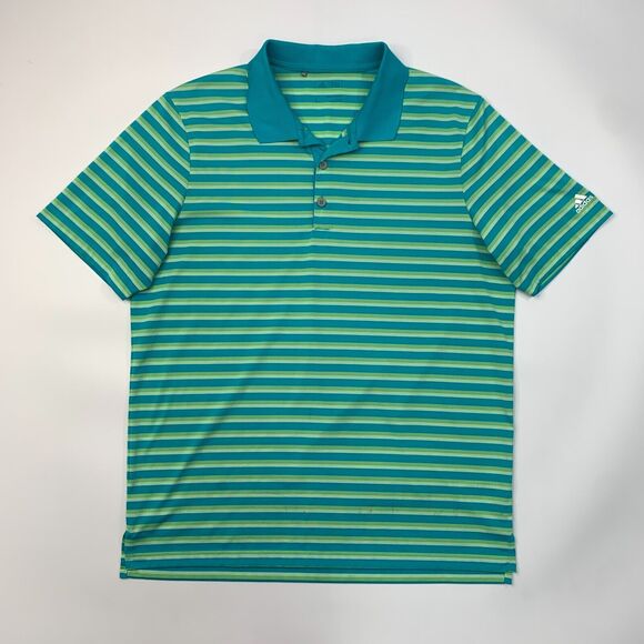 Adidas Polo Shirt Mens L Large Green Striped High Low Vented Hem Short Sleeves - Picture 2 of 14